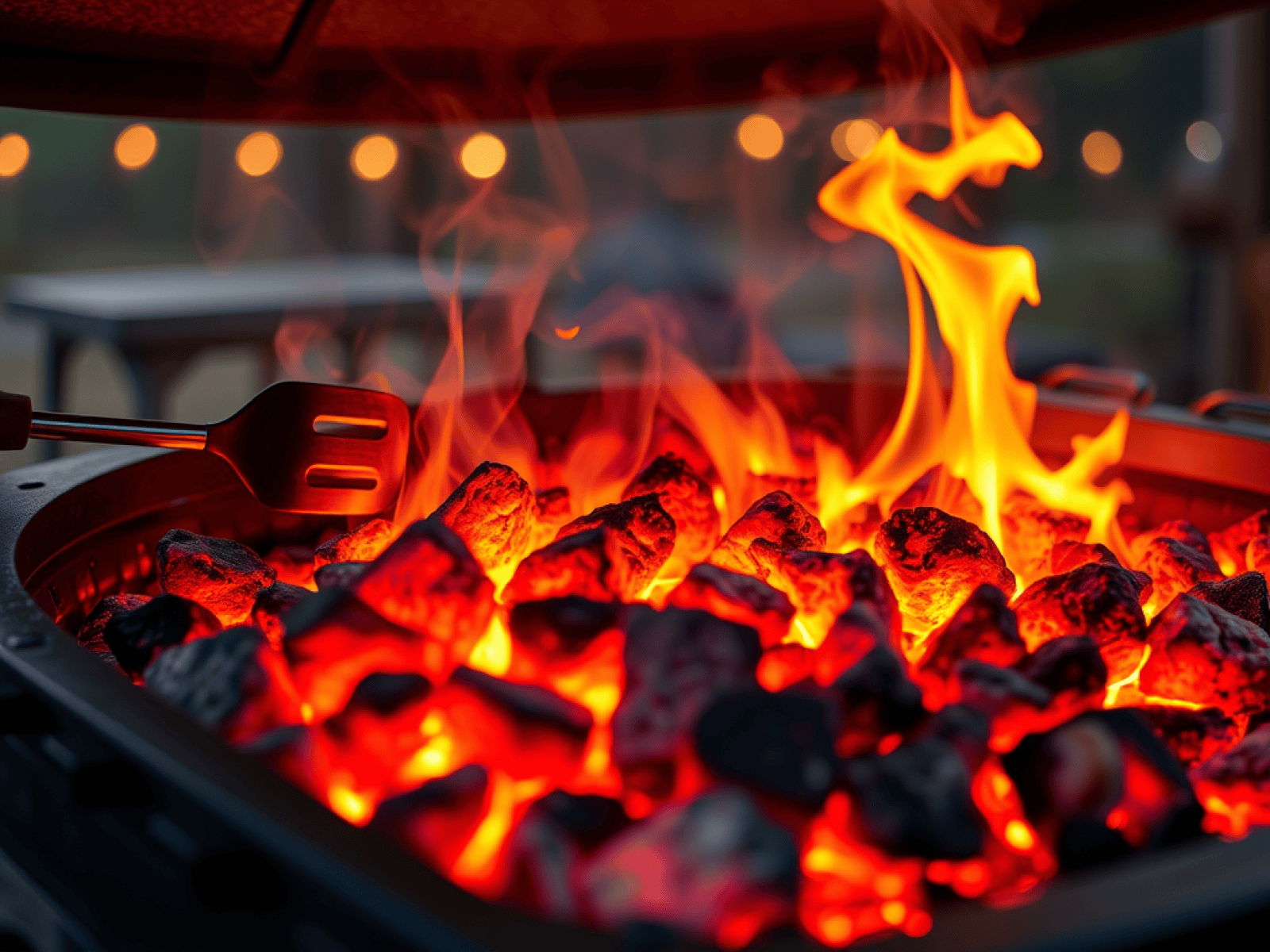 Gloeiende kolen en vlammen onder een barbecue